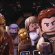 Lego versions of Han, Chewie, Luke, Obi Wan and C3PO in the Millennium Falcon's cockpit.